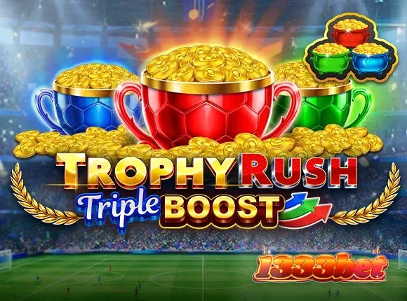 Trophy Rush Triple Boost slot game interface featuring golden coins and stadium lighting theme